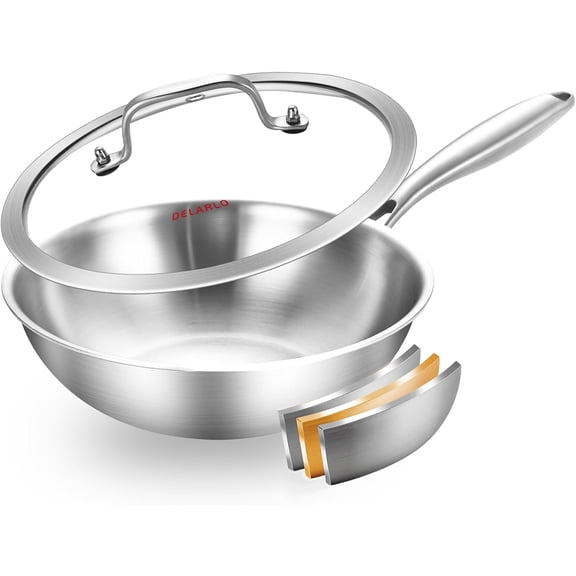 Whole Body Tri-Ply Stainless Steel Wok 9.45 inch, Deep Kitchen Stir-Fry Pan, Small Wok Pan with Lids, Induction Mini wok, Suitable for All Stove, Up to 600, Detachable Handle
