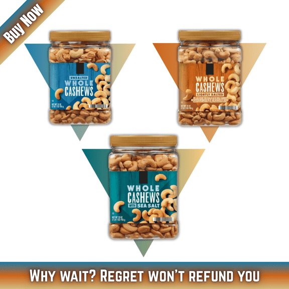 Whole Cashews Variety Pack, Unsalted, Sea Salted & Lightly Salted, Premium Roasted Nuts, 3 Jars, 33 oz. Each