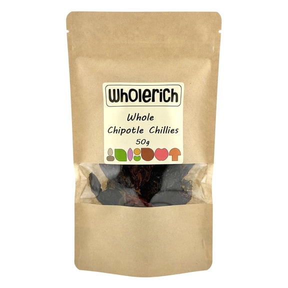Whole Chipotle Chillies (from Spain) 50g | Smoked Jalapeo Chillies for Mexican Cooking, BBQ & Gourmet Dishes | Deep Smoky Flavour - Wholerich Foods