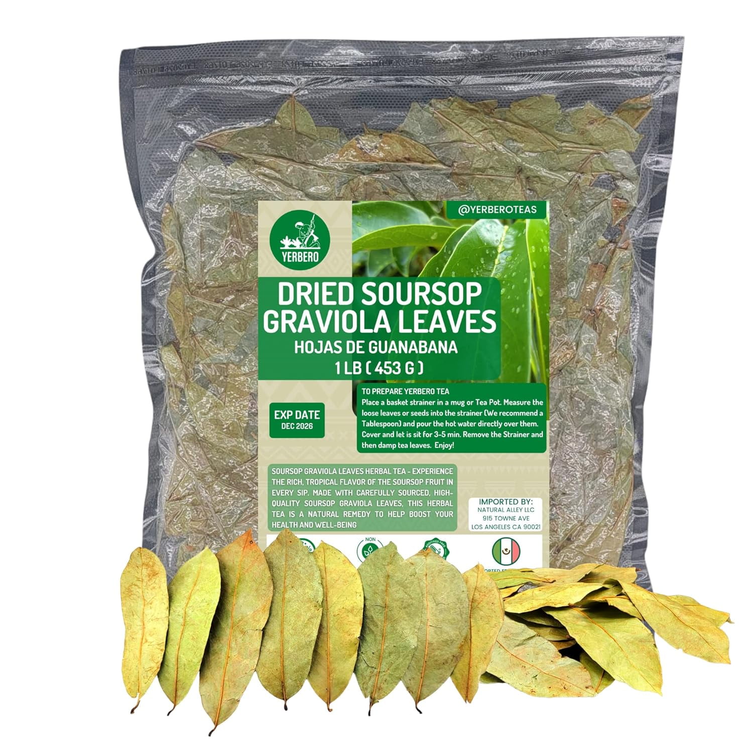 Whole Dried Graviola Soursop Leaves 1 LB (453g) Hoja De Guanabana Seca