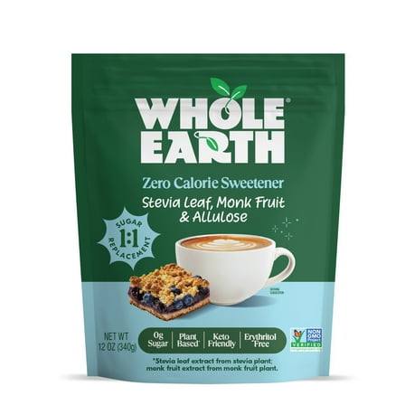 Whole Earth Zero Calorie Stevia, Monk Fruit & Allulose Sweetener, Zero Calorie Sugar Substitute, Keto-Friendly, Non-GMO, No Erythritol, Erythritol-Free, Pouch, 12oz Pouch