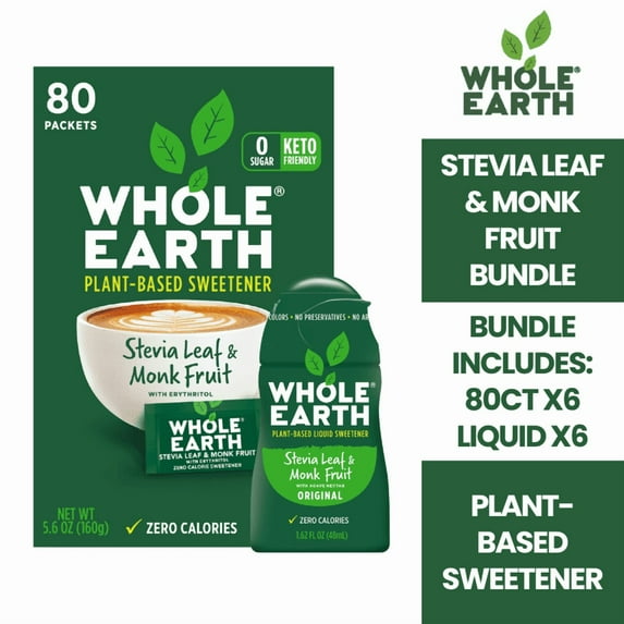 Whole Earth Stevia & Monk Fruit Bundle - Liquid (6-Pack) & 80ct (6-Pack)