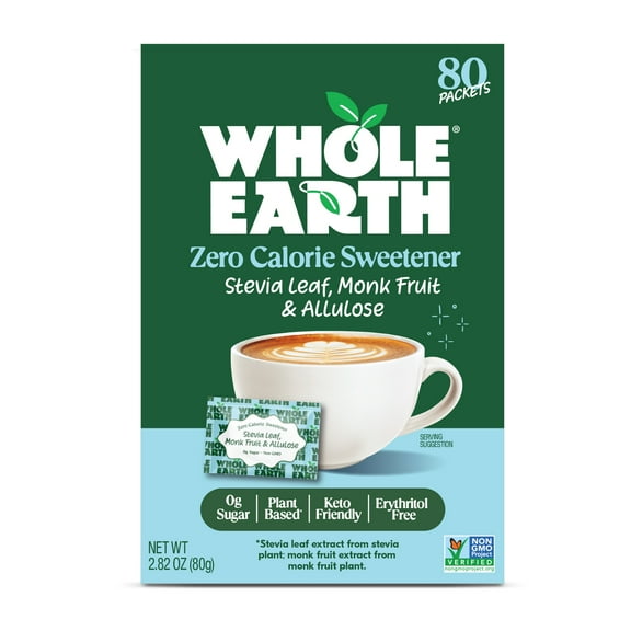Whole Earth Zero Calorie Stevia, Monk Fruit & Allulose Sweetener Packets, Zero Calorie Sugar Substitute, Keto, Non-GMO, Erythritol-Free, 80 Count