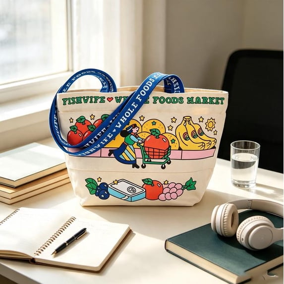 Whole Foods Market Canvas Tote Handle Bag ,Reusable Canvas Shopping Bag, Large Grocery Tote Bag for Shopping Beach Daily