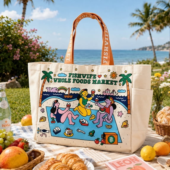 Whole Foods Market Canvas Tote Handle Bag ,Reusable Canvas Shopping Bag, Large Grocery Tote Bag for Shopping Beach Daily