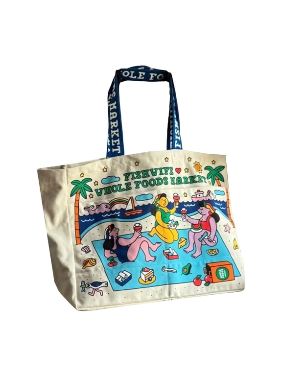 Whole Foods Market Fishwife Canvas Tote Handles, Heavy Duty Washable Canvas Shopping Bag, Heavy Duty Washable Canvas Shopping Bag with Printed Long Straps for Market, Travel & Daily Use