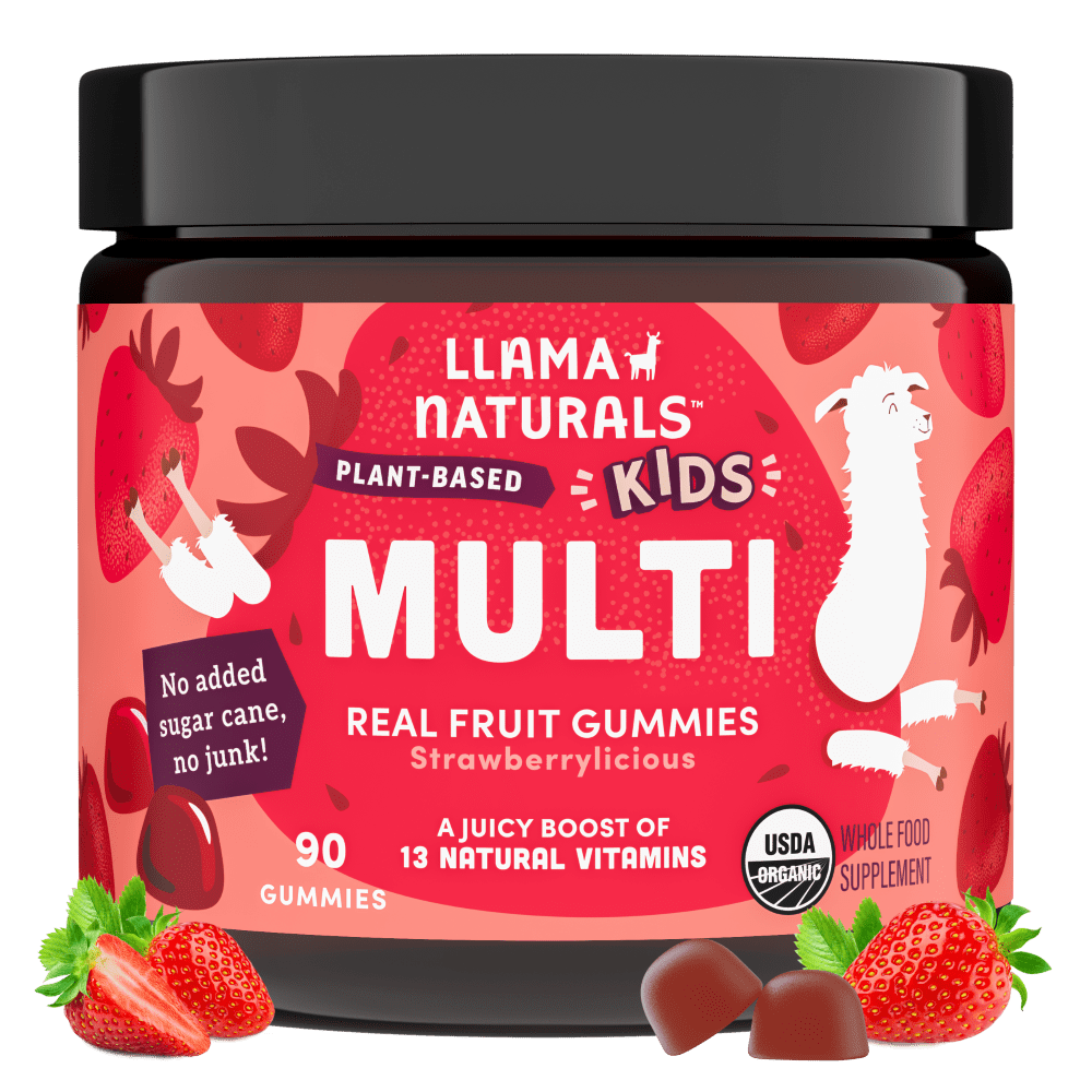 Llama Naturals Kids Multivitamin Gummies, Vegan, Organic with Vitamin D, C & K, Toddler Real Fruit Gummy Vitamins, Chewable Supplement, Whole Food Multivitamin, No Added Sugar Cane, Strawberry, 90 Ct