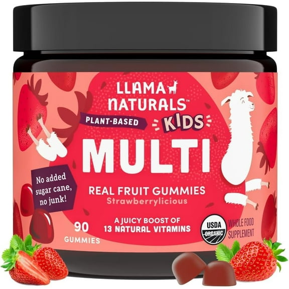 Llama Naturals Kids Multivitamin Gummies, Vegan, Organic with Vitamin D, C & K, Toddler Real Fruit Gummy Vitamins, Chewable Supplement, Whole Food Multivitamin, No Added Sugar Cane, Strawberry, 90 Ct