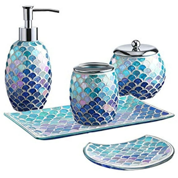 Whole HOUSEWARES , Bathroom Accessory Set , , Accesorios de Ba o , 5-Piece Decorative Glass Bathroom Accessories Set , Soap Dispenser, Tray, Jar, Mosaic Glass (Blue) set of 5 Blue