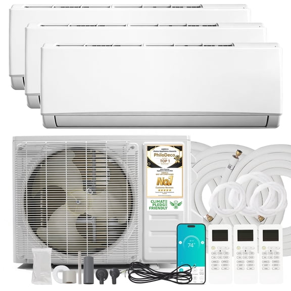 Whole-Home Comfort with PhiloDeco 3-Zone Ductless System – 36000 BTU 20 SEER2 Wi-Fi Inverter, 12K+12K+12K BTU Wall-Mounted AC/Heaters, Pre-Charged Heat Pump with 25-Ft Line Sets, 208-230V
