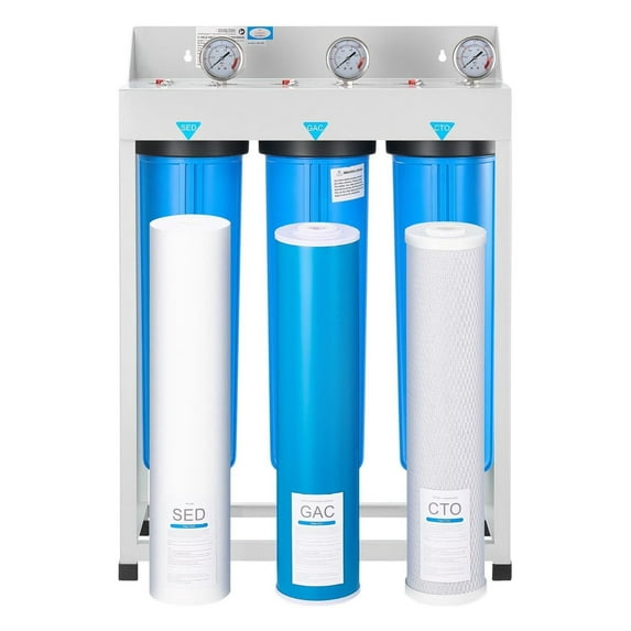 Whole House Water Filter System 3-Stage - Sediment, GAC, CTO - 4.5x20" Home Water Purifier - Reduces Chlorine, Taste, Odor, Rust & VOCs