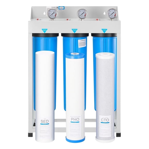 Whole House Water Filter System 3-Stage - Sediment, PHO, CTO - 4.5"x20" Water Purifier for Chlorine, Rust, & Scale Reduction