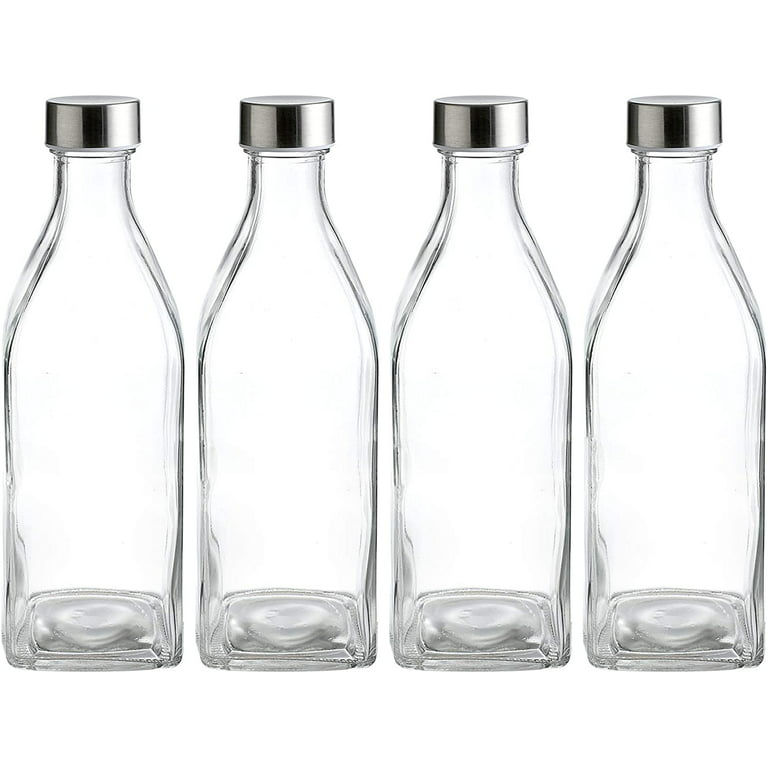 Whole Housewares 34 Oz Square Glass Water Bottles, 4 Pack of