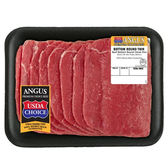 Beef Choice Angus Thin Sliced Bottom Round Steak, 8 per Tray, Fresh, 0.34 - 2.0 lb