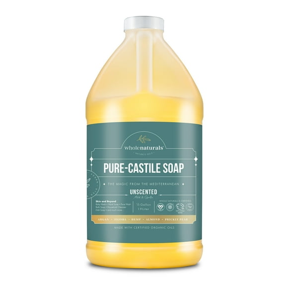 Whole Naturals EWG Verified & Certified Palm Oil Free, Castile Liquid Soap - 64 oz. - Unscented, Mild & Gentle Non-GMO & Vegan - Formulated with Carrier Organic Oils