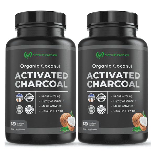 Whole Nature Coconut Activated Charcoal Dietary Pills, 180 Vegan Capsules (2 Pack)