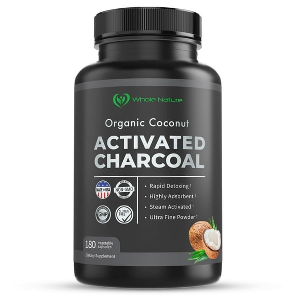Whole Nature Pure Organic Coconut Activated Charcoal Vegan Supplements, 90 Servings / 180 Capsules