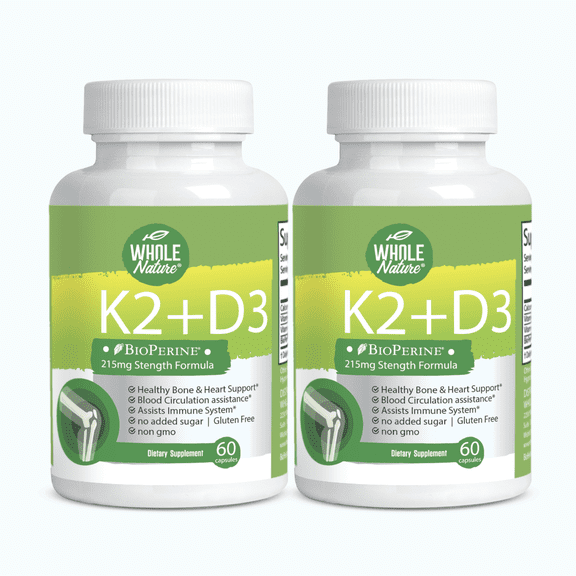 Whole Nature Vitamin D3 + K2 Supplement 5000 IU Vegan Gluten-Free Veggie Capsules 2 Pack