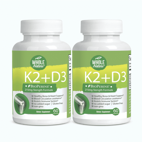 Whole Nature Vitamin D3 + K2 Supplement 5000 IU Vegan Gluten-Free Veggie Capsules 2 Pack