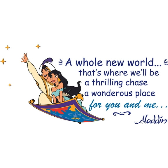 A Whole New World That's Where We'll Be A Thrilling Chase A Wondrous Place For You & Me | 10" x 20" Vinyl Home Art Aladdin & Princess Jasmine Wall Decal Quotes Design Bedroom Living Room Decoration