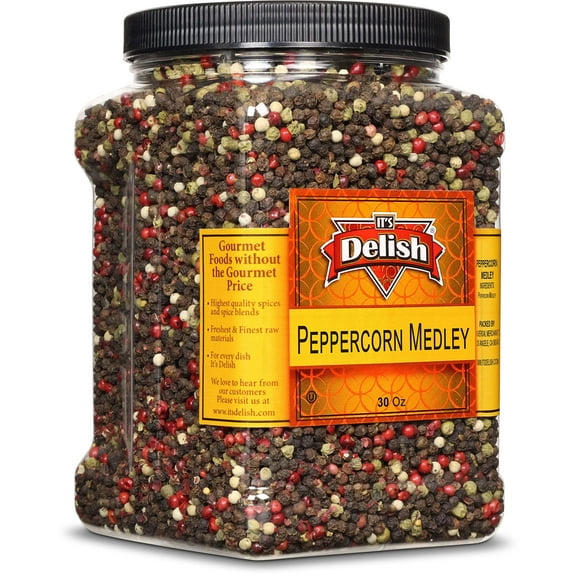 Whole Peppercorn Medley by It's Delish - 30 OZ Jumbo Reusable Container - Whole Black, Green, White & Pink Peppercorn Blend - Great Dried Multicolored Pepper Mix for Refill - All Natural