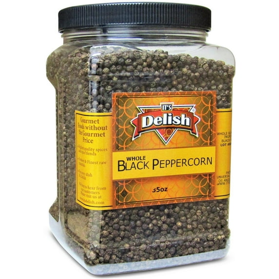 Whole Peppercorns by It's Delish - 35 OZ Jumbo Reusable Container - Whole Black Pepper - Premium Dried Peppercorns for Grinder Refill - All Natural, Kosher and Fresh