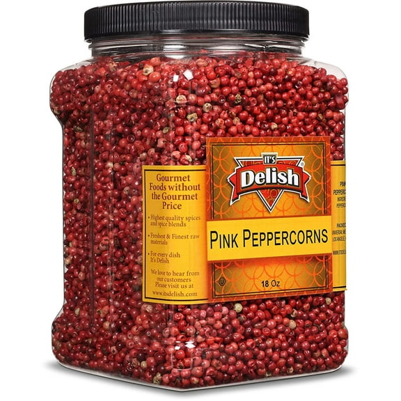 Whole Pink Peppercorns by It's Delish, 18 OZ Jumbo Reusable Container, 1.1 Pounds Whole Pink Pepper Corn Berries - Premium Dried Red Peppercorn Spice for Grinder Refill All Natural, Kosher & Fresh