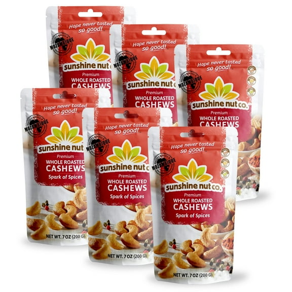 Whole Roasted Lightly Salted Cashews by Sunshine Nut Co., Gluten Free, Peanut Free and Vegan Individual Snack Packs for Kids and Adults, Spark of Spices Flavor, GMO Free, 6 Pack, 7 oz. Each