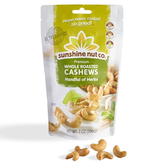Whole Roasted Lightly Salted Cashews by Sunshine Nuts Co., Gluten Free, Peanut Free and Vegan Individual Snack Packs for Kids and Adults, GMO Free, Handful of Herbs Flavor, 7 oz. Each