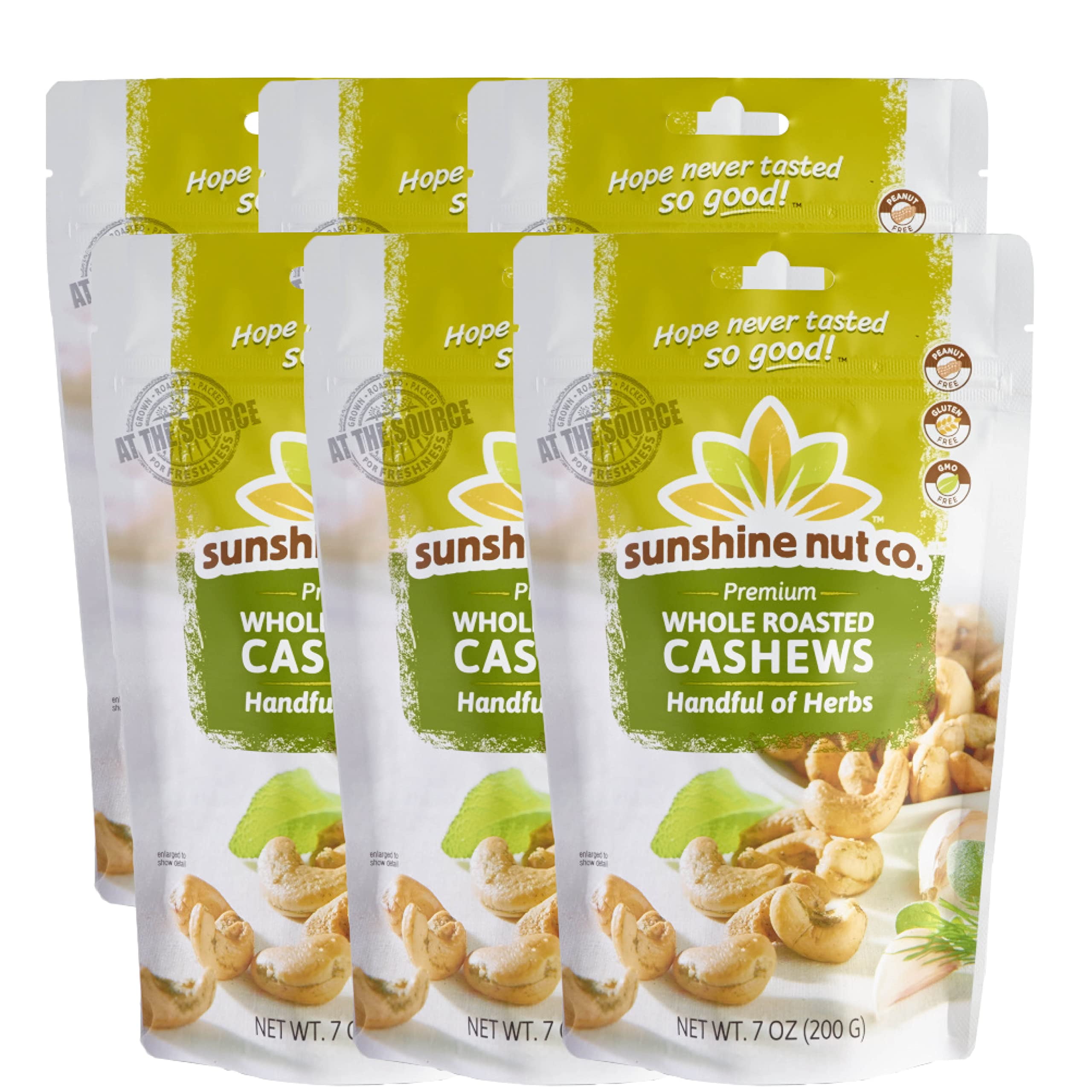 Whole Roasted Lightly Salted Cashews by Sunshine Nuts Co., Gluten Free, Peanut Free and Vegan Individual Snack Packs for Kids and Adults, GMO Free, Handful of Herbs Flavor, 6 Pack, 7 oz. Each