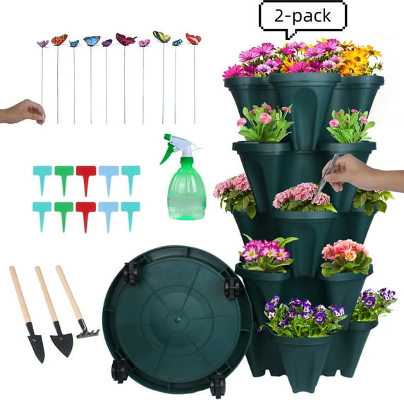 Whole Sale Deals 2 Pack 5-Tier Stackable Vertical Planter Tower with Removable Wheels & Tools – Space-Saving Indoor/Outdoor Garden Pots for Strawberries, Herbs, Flowers & Vegetables (Green)