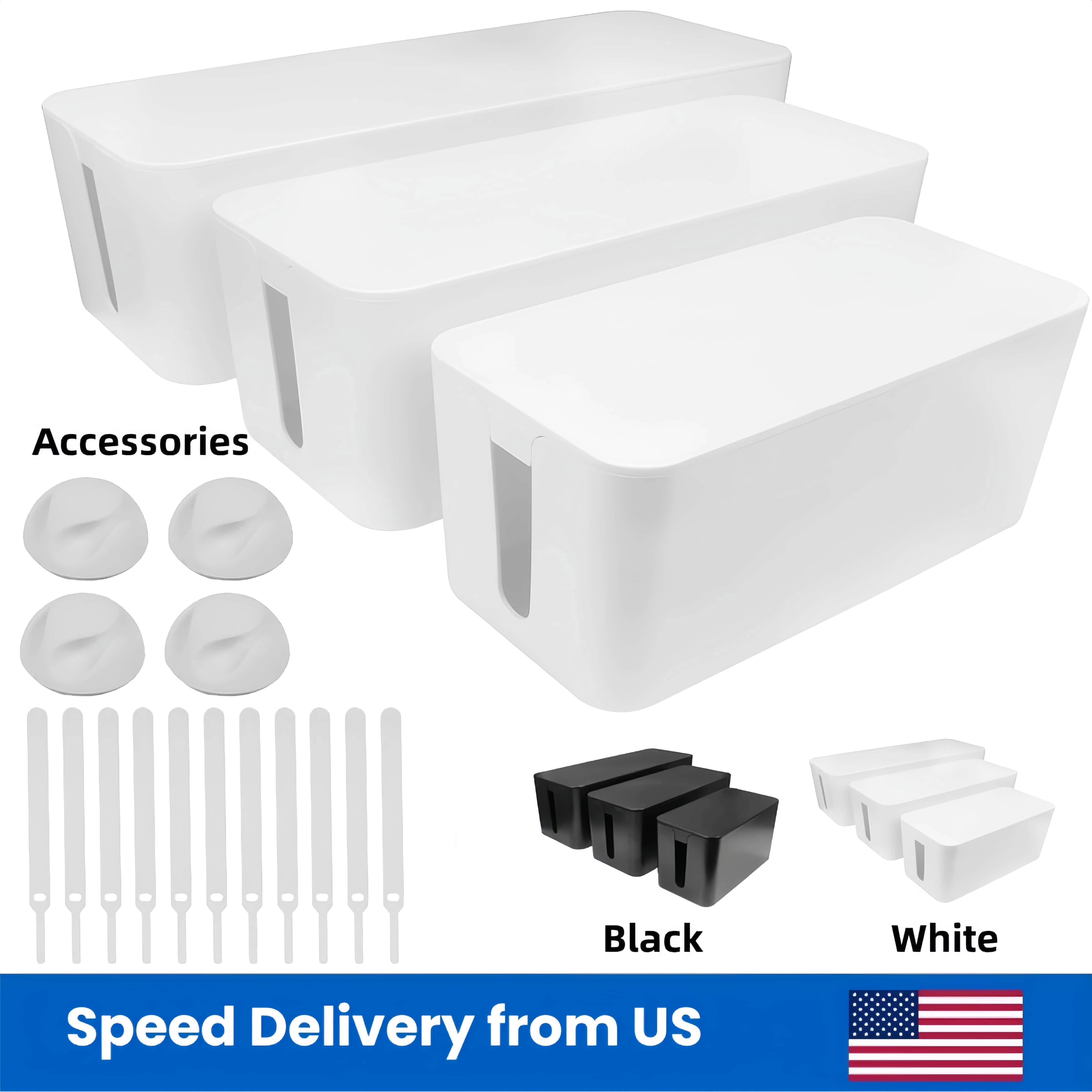 Whole Sale Direct 3-Size Cable Hider Box Set - Universal Surge Protector Cover with Ventilation Slots, 10 Cable Ties & 4 Clips for Home/Office (White)