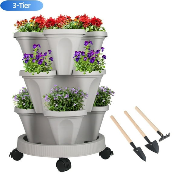 Whole Sale Deals 3-Tier Stackable Vertical Garden Planter with Wheels - Indoor/Outdoor Herb & Vegetable Planter for Strawberries, Flowers, Succulents (Space Saving Design), Agreeable Gray
