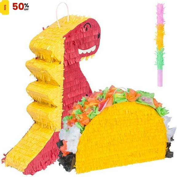 Whole Save Direct Dinosaur Taco Piñata 2-Pack Set w/Blindfold & Bat - 16in Animal Theme Birthday Party, Cinco de Mayo Game, Mexican Fiesta Photo Prop Decor