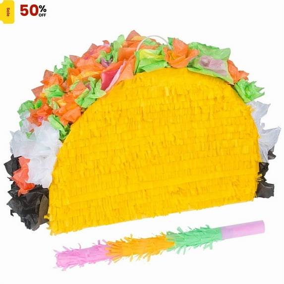 Whole Sale Deals Jumbo Taco Piñata w/Bat - 15.8x10.5x5in Mexican Fiesta Decor, Cinco de Mayo Candy Game, Taco Tuesday Party Supplies & Kids Birthday Favors
