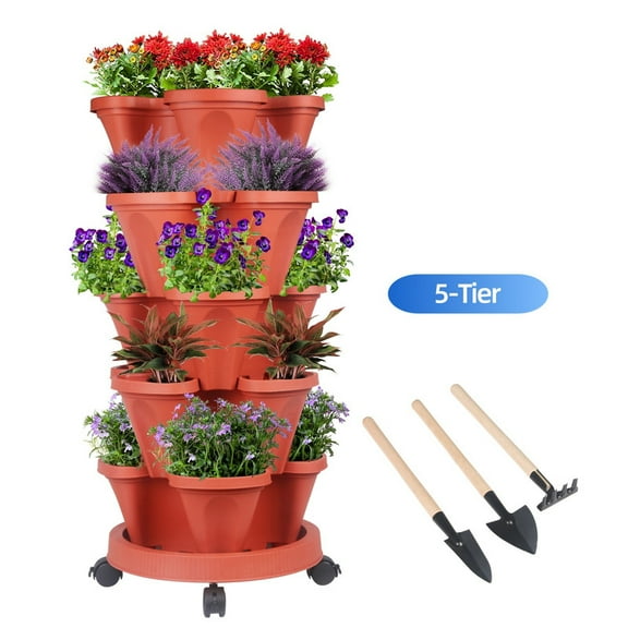Whole Save Direct Vertical Planter 5-Tier Stackable System - Indoor/Outdoor Garden Kit for Strawberries, Herbs, Vegetables (Beginner-Friendly Design), Red