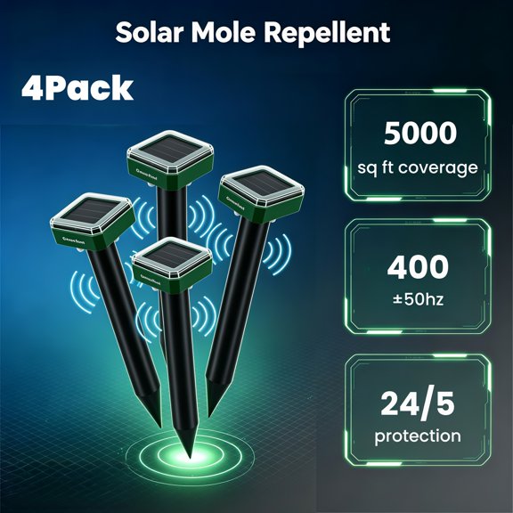 Whole Save Direct 4-Pack Solar Sonic Mole Repellent Stakes, Animal Repeller for Lawn & Garden, Effective Pest Control for Gophers, Mice, Rats & Snakes
