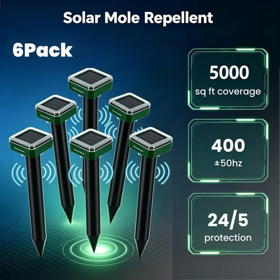 Whole Save Direct 6-Pack Solar Sonic Mole Repellent Stakes, Vibration Technology Animal Repeller for Lawn & Garden, Gophers, Mice, Rats & Snakes