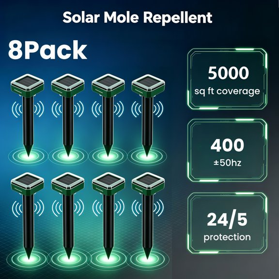 Whole Save Direct 8-Pack Solar Powered Gopher Repeller Stakes, Ultrasonic Vibration Stakes for Lawn Protection, Large Area Pest Control for Yards & Gardens to Deter Moles, Mice & Snakes