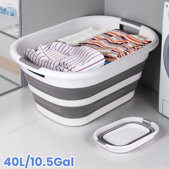 Whole Save Direct Collapsible Plastic Laundry Basket 40L – Portable Foldable Hamper, Pop Up Storage Container for Home, Gray/White