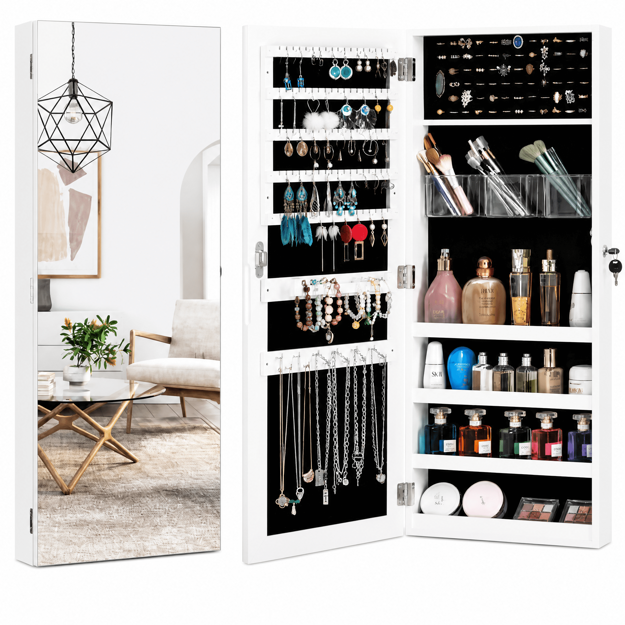 Whole Surface PVC Film Wall-Mounted Jewelry Cabinet With Mirror & Lock Large Storage For Accessories White