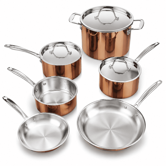 Whole Tri-ply 18/10 Stainless Steel Cookware Set, 10 Pcs Elegant Copper Pots and Pans Set, Induction Cookware, Frying Pans, Saucepans & Stock Pot with Lid, Ideal Gift for Wedding, Housewarming