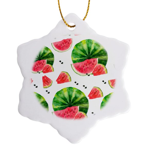 3drose, Whole Watermelons with Slices of Watermelon and Seeds Pattern, 3 inch Snowflake Porcelain Ornament