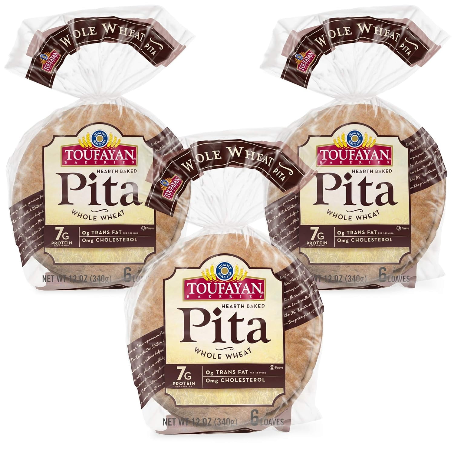 Whole Wheat Pita Bread | Naturally Vegan, Cholesterol (12oz Bags, 3 Pack)