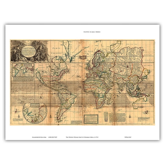 The Whole World Map - Britain’s Possessions in North America - Vintage Colored Cartographic Map by Herman Moll c.1719 - Master Art Print (Unframed) 9in x 12in