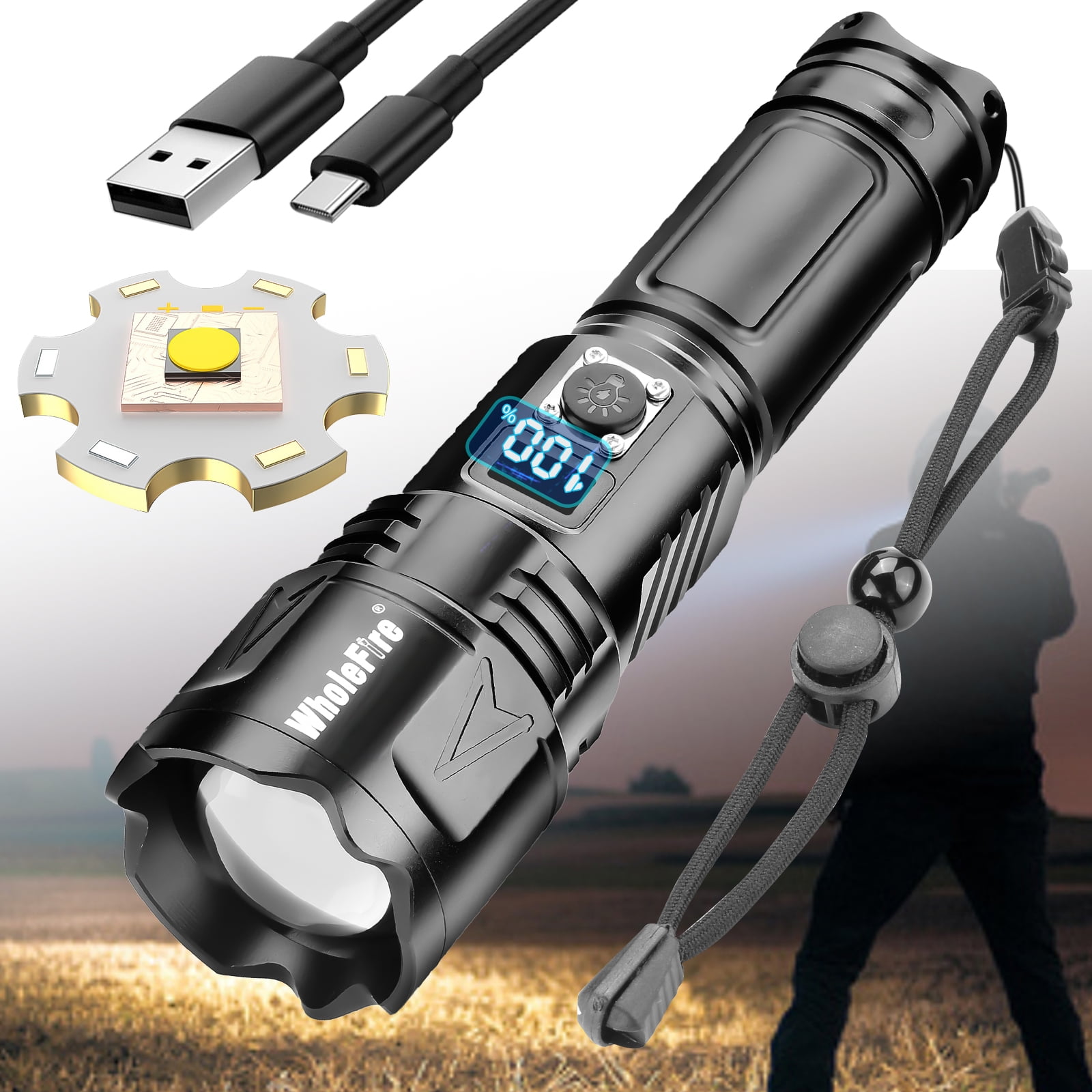WholeFire 30W LED Rechargeable Flashlight Super Bright 5 Modes Digital