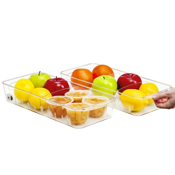 WholesHome Fridge Organizer Plastic Bin Set: Roll Out Clear Design with Dividers & Handles for Kitchen Organization - Refrigerator & Pantry Storage (Medium, 2-Pack)
