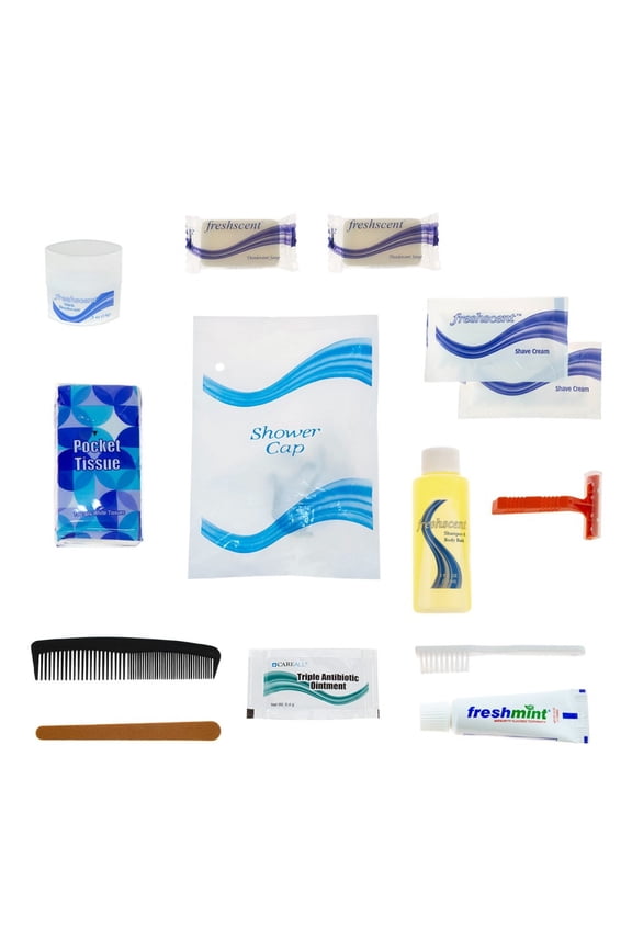 Wholesale 15 Piece Hygiene & Toiletry Kit for Men, Women, Travel, Charity - Case of 48