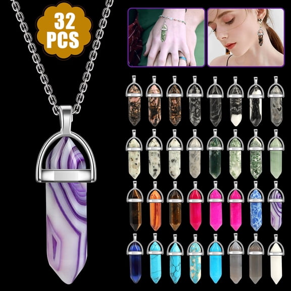 Wholesale! 32PC Natural Quartz Crystal Point Chakra Stone Necklace GEMS Pendant