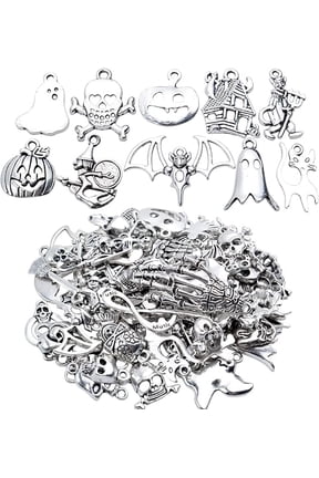 Wholesale Bulk 60 Pieces Mixed Halloween Charms Assorted Atique Silver Skull Skeleton Pumpkin Bat Witch Pendants Charms for Jewelry Making Key Rings Crafts